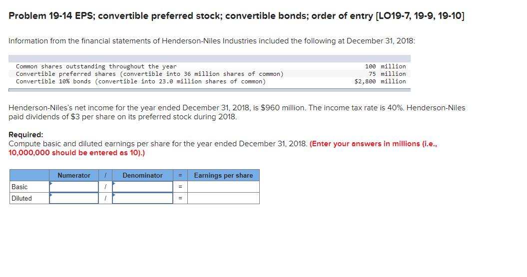 Solved Problem 19-14 EPS; Convertible Preferred Stock; | Chegg.com