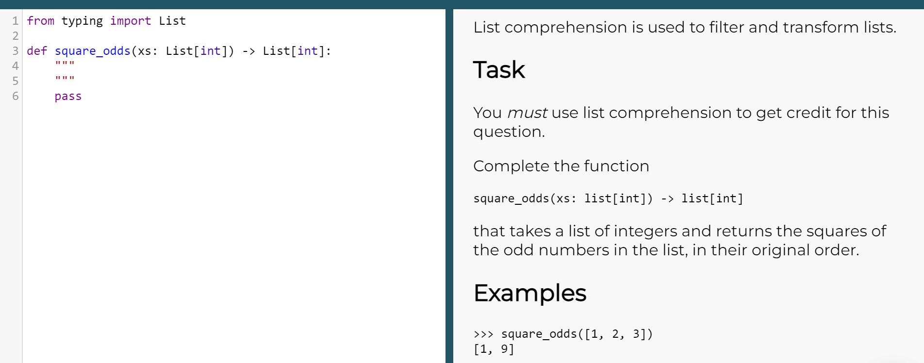 Solved 1 from typing import List 2 3 def square_odds(xs: | Chegg.com