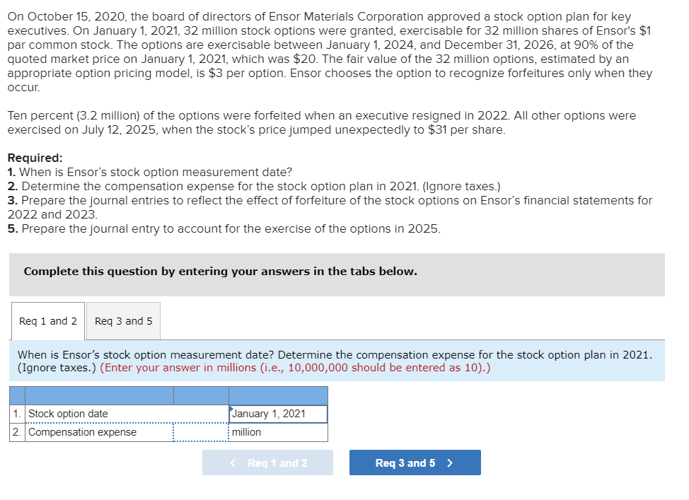 Solved Record compensation expense on December 31, | Chegg.com