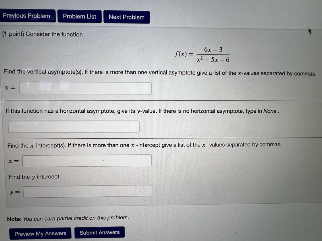 Solved (1 point) Consider the function f(x)=x2−5x−66x−3 Find | Chegg.com