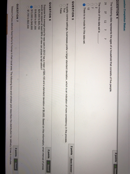 Solved QUESTION 4 2 points The following data represents the | Chegg.com