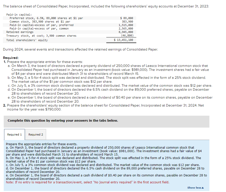 Solved The balance sheet of Consolidated Paper, | Chegg.com