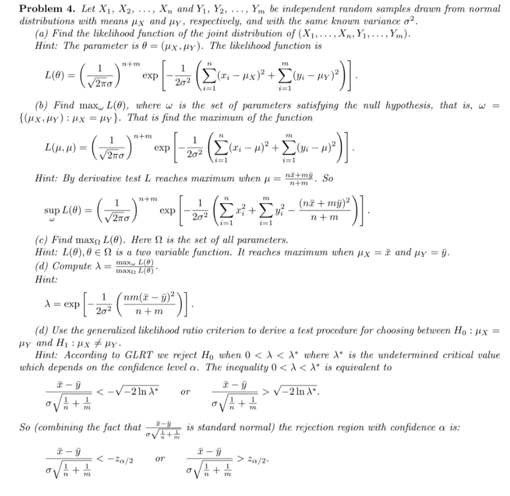 Solved Problem 4. Let X1,X2,…,Xn and Y1,Y2,…,Ym be | Chegg.com