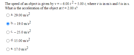 Solved The speed of an object is given by y=-6.00 +2 +5.00 | Chegg.com