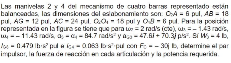 Las manivelas 2 y 4 del mecanismo de cuatro barras representado están balanceadas, las dimensiones del eslabonamiento son: \(