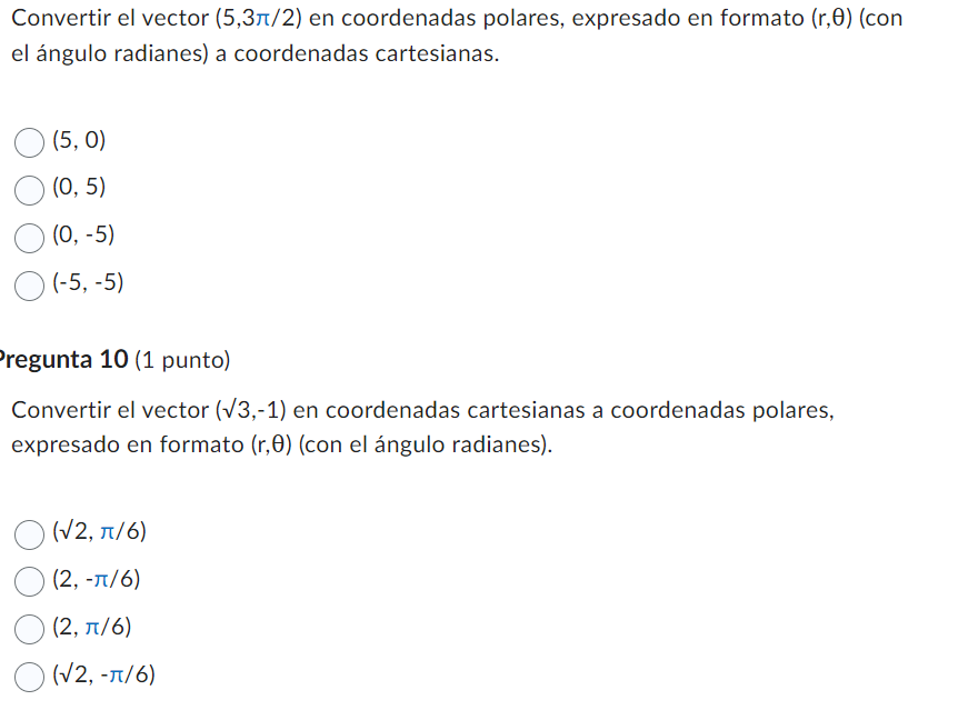 Convertir el vector \( (5,3 \pi / 2) \) en coordenadas polares, expresado en formato \( (r, \theta) \) (con el ángulo radiane