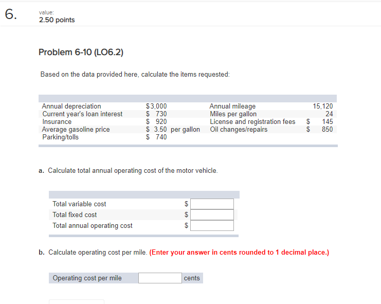 Solved value: 2.50 points Problem 6-10 (LO6.2) Based on the | Chegg.com