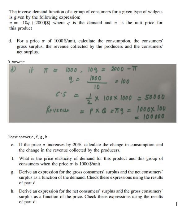 Solved The inverse demand function of a group of consumers | Chegg.com