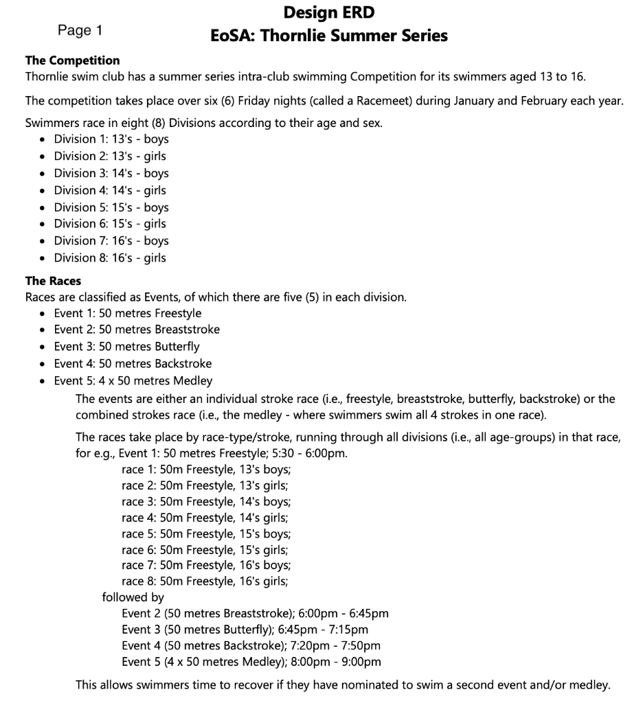 Solved Page 1 Design ERD EOSA: Thornlie Summer Series . . . | Chegg.com