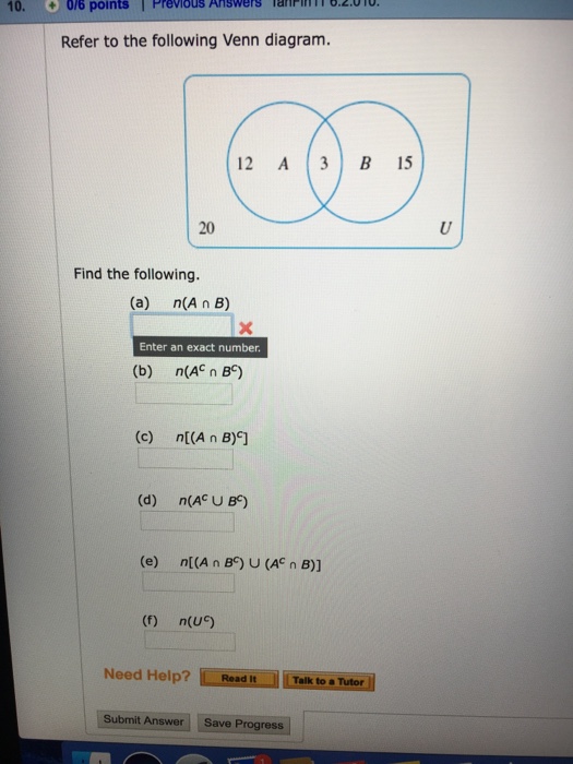 Solved Refer to the following Venn diagram. Find the | Chegg.com