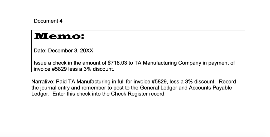 Solved Document 4 Memo: Date: December 3, 20XX Issue a check | Chegg.com