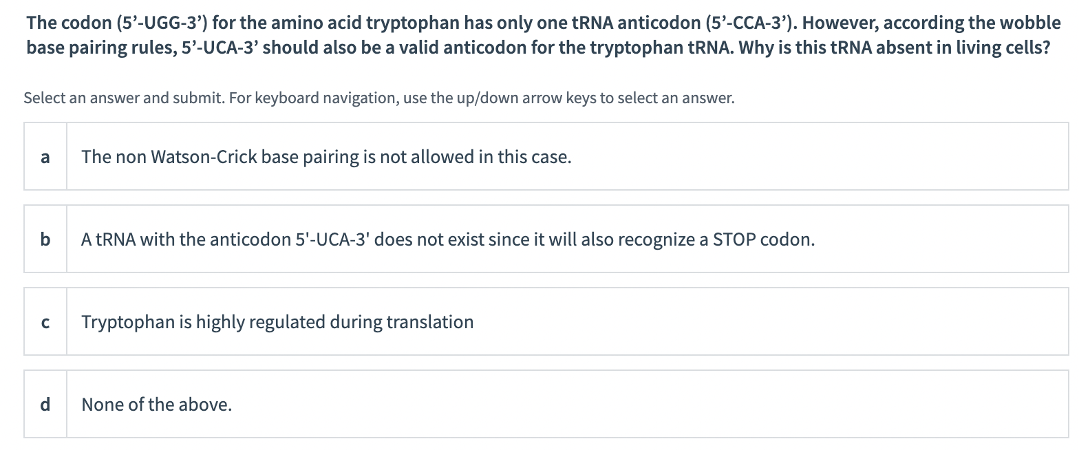 Solved The codon (5'UGG3') for the amino acid tryptophan