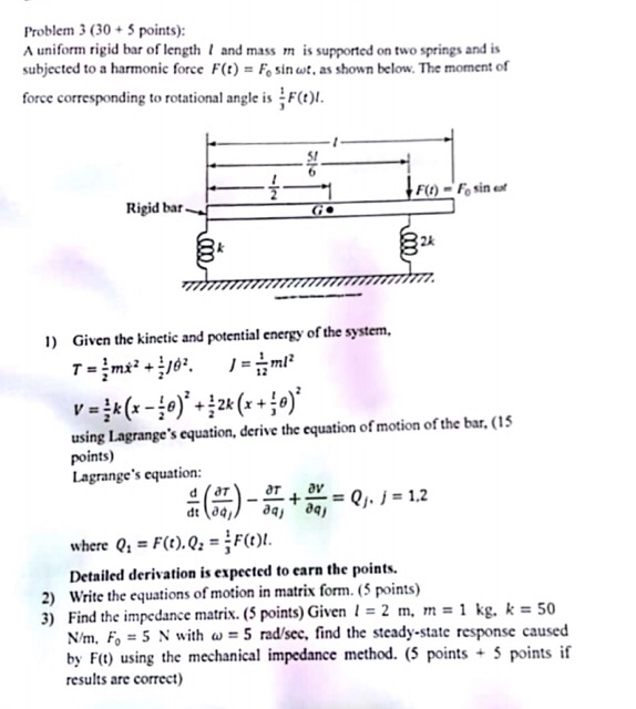 Solved Problem 3 (30+ 5 points): A uniform rigid bar of | Chegg.com