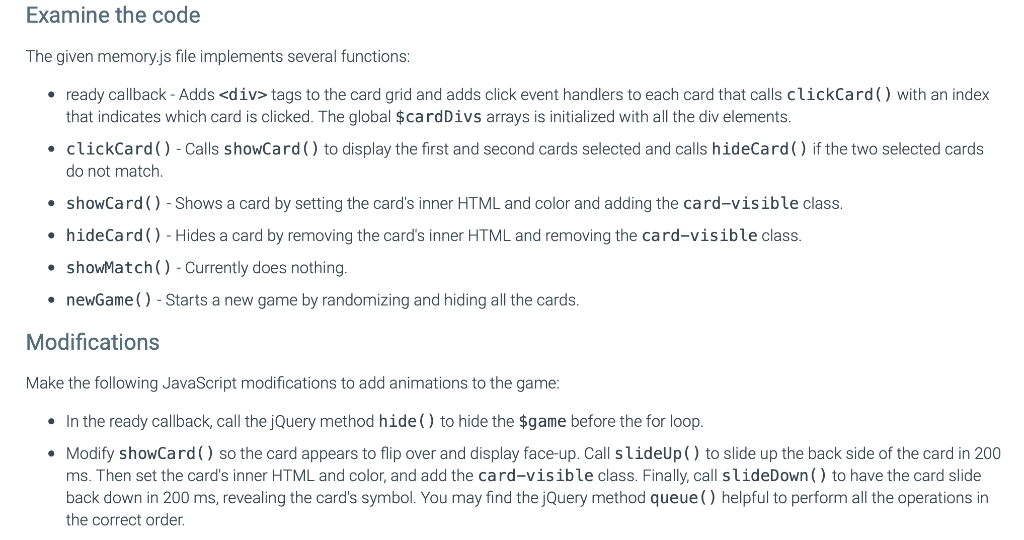 Solved 11.12 LAB: Memory game animations (jQuery) The given | Chegg.com