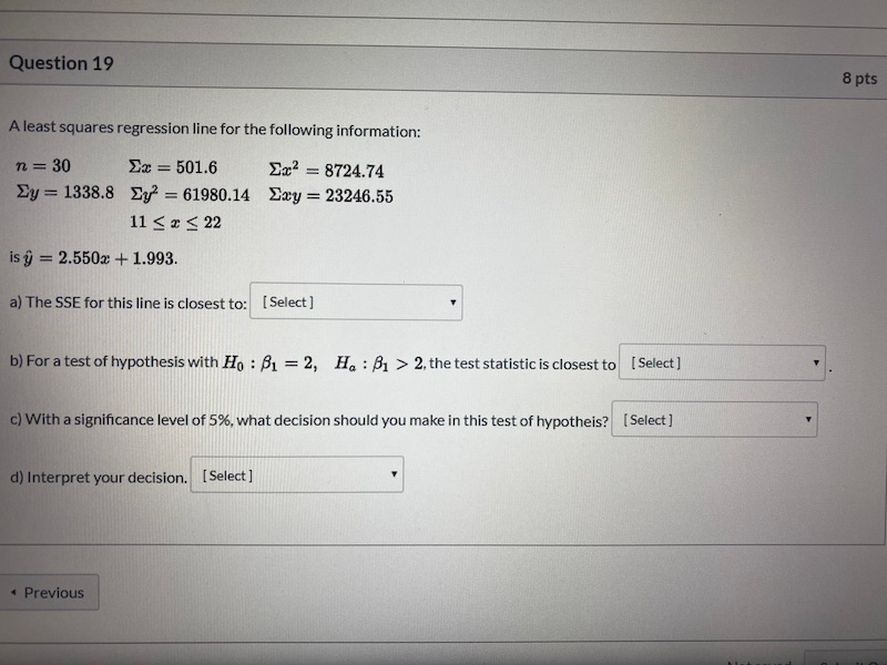 Solved Question 19 8 pts A least squares regression line for | Chegg.com