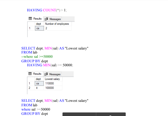 Solved HAVING COUNT(*)>1; Results Messages dept Number of | Chegg.com