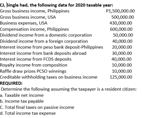 c, Single had, the following data for 2020 taxable | Chegg.com