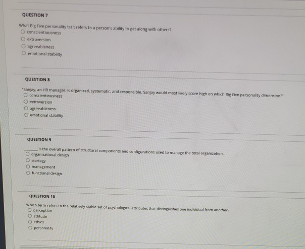 Solved Question 7 What Big Five Personality Trait Refers To Chegg