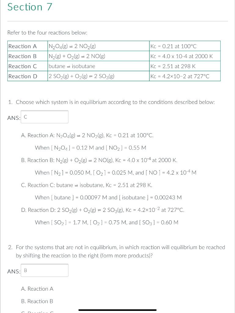 Solved Section 7 Refer to the four reactions below: Reaction | Chegg.com