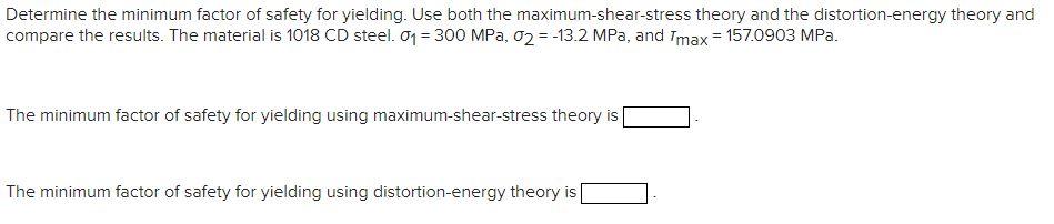 Solved Determine the minimum factor of safety for yielding. | Chegg.com