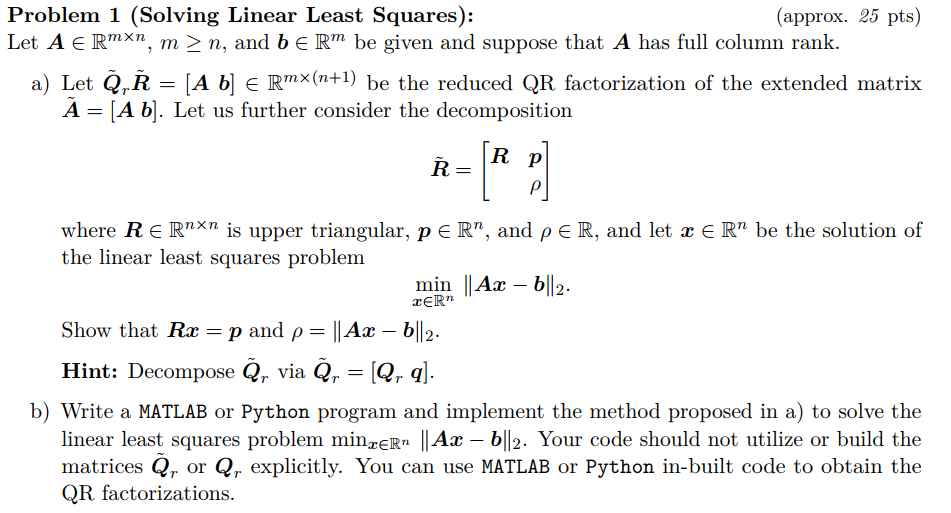 Solved Problem 1 (Solving Linear Least Squares): (approx. 25 | Chegg.com
