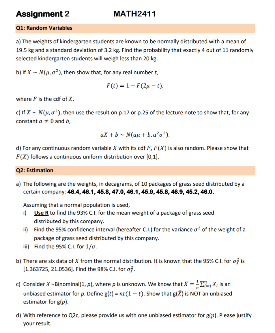 Solved Assignment 2 Math2411 Q1 Random Variables A The Chegg Com