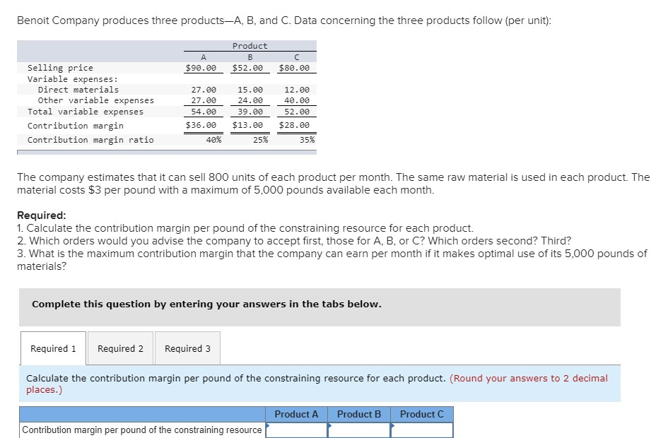 Solved Benoit Company produces three productsA, B, and C.