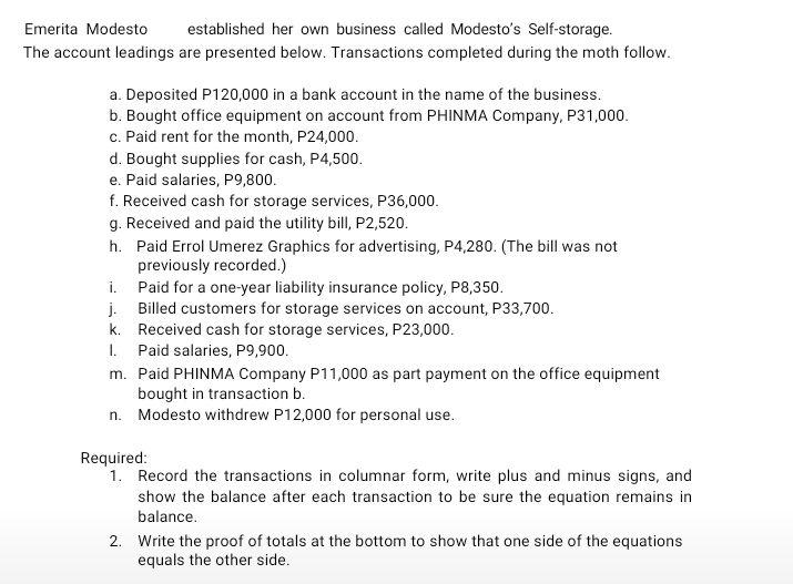 Solved Emerita Modesto established her own business called