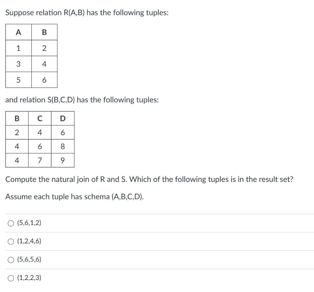 Solved Suppose relation R(A,B) has the following tuples: and | Chegg.com