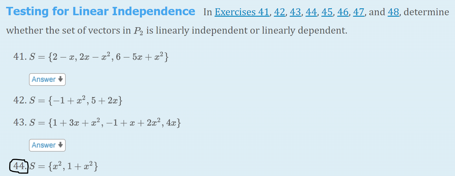 Solved Testing For Linear Independence In Exercises 41, 42, | Chegg.com