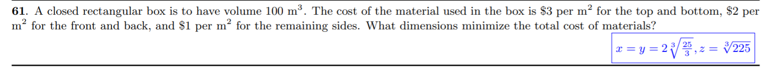 Solved 61. A closed rectangular box is to have volume 100 | Chegg.com