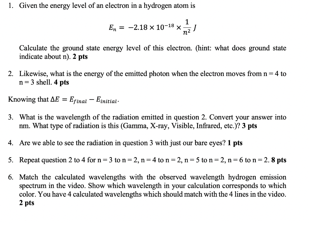 Solved 1. Given the energy level of an electron in a | Chegg.com