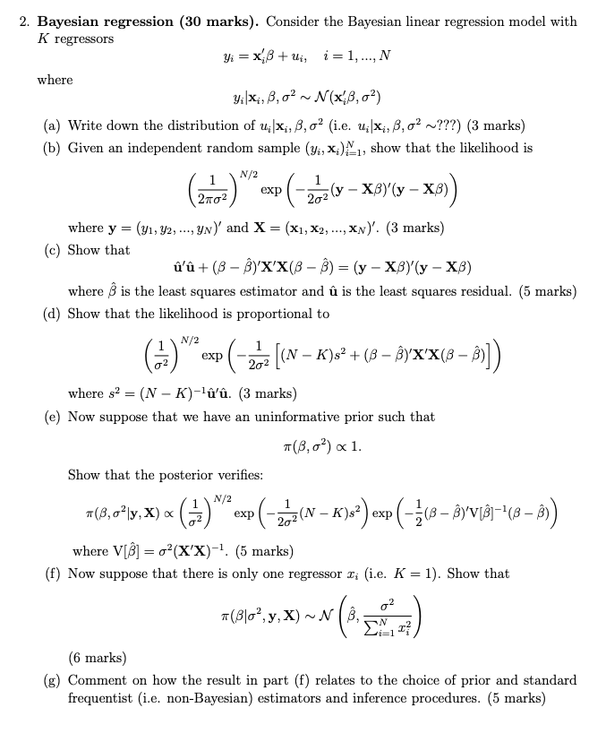 Solved 2. Bayesian regression (30 marks). Consider the | Chegg.com