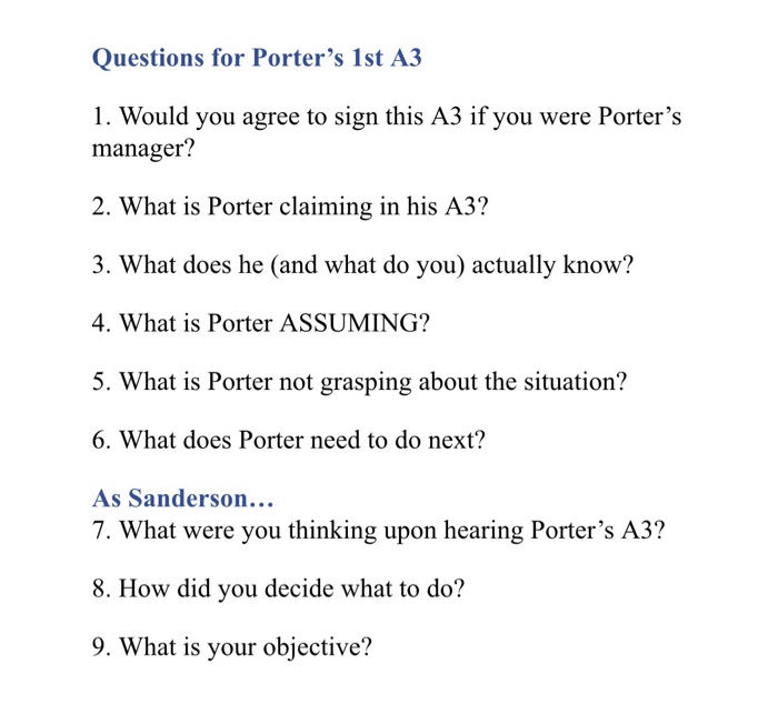 Questions for Porter's 1st A3 1. Would you agree to | Chegg.com