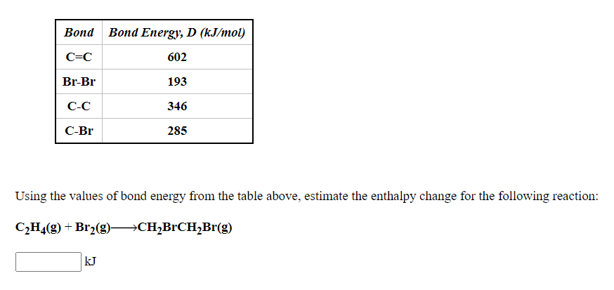 Solved Bond Bond Energy D kJ mol C C 602 Br Br 193 C C Chegg