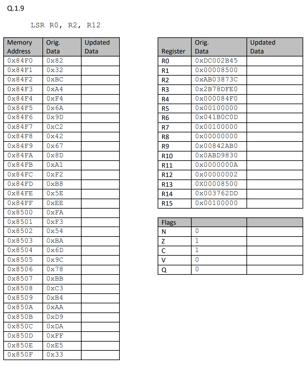 Solved Q.1.9 LSR RO R2 R12 Updated Data Updated Data Orig