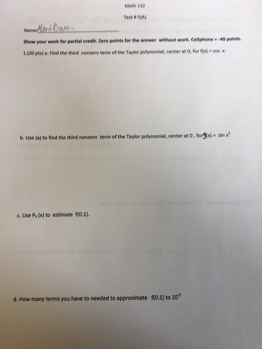 Solved Math 132 Test # S(A) Namedlr Show your work for | Chegg.com