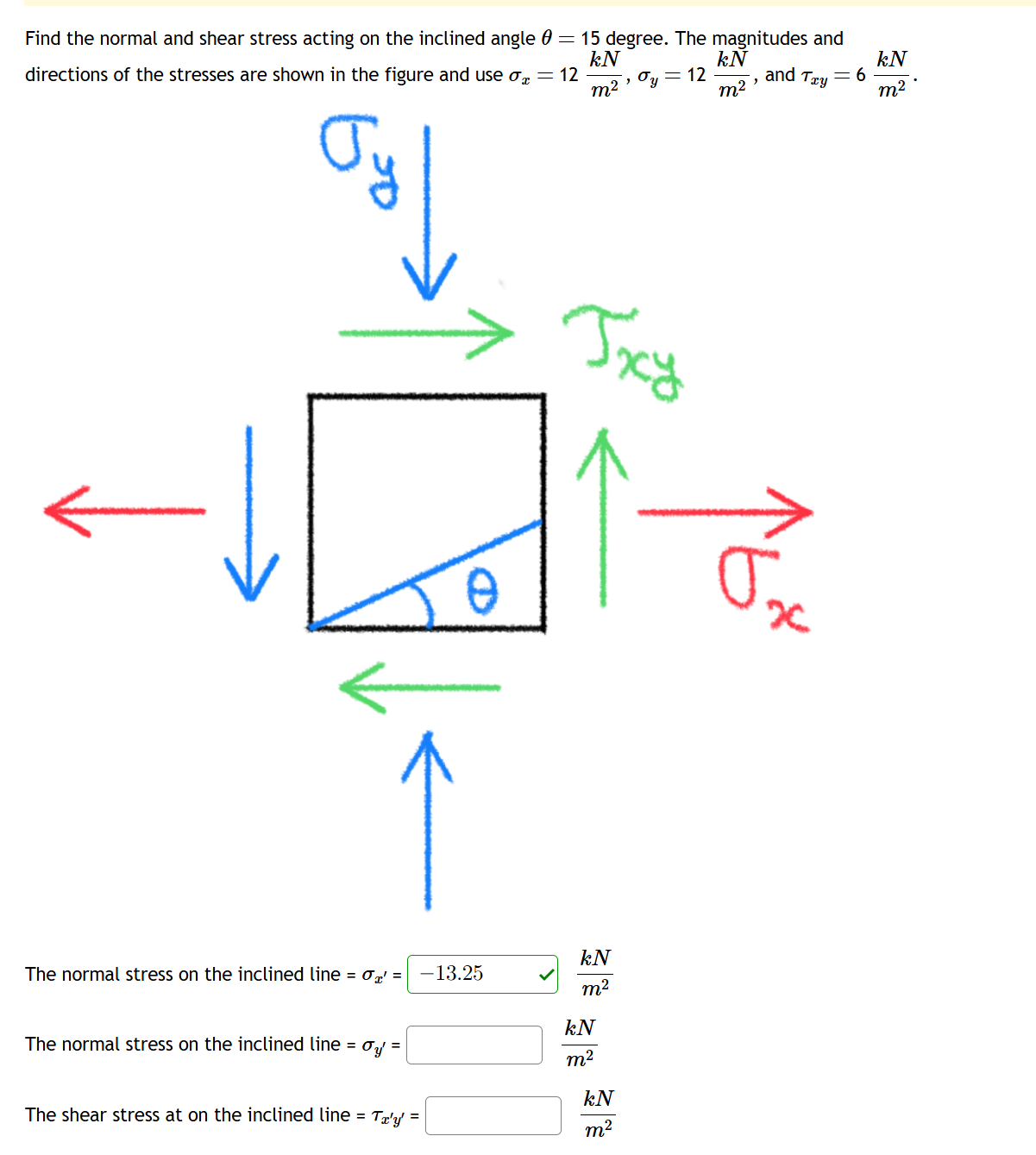 Find the normal and shear stress acting on ﻿the | Chegg.com