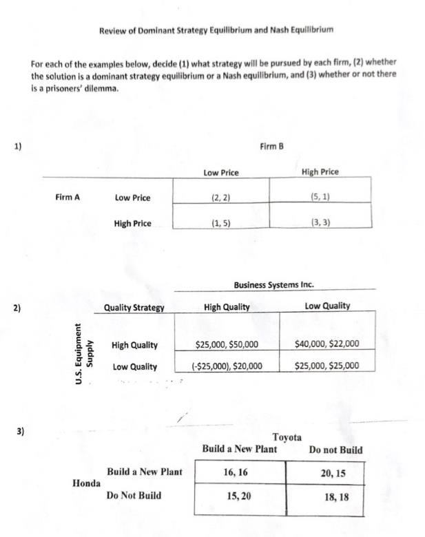 Solved Review Of Dominant Strategy Equilibrium And Nash | Chegg.com