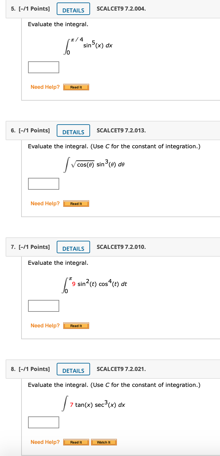 Solved 1. [-/1 Points] DETAILS SCALCET9 7.1.008. Evaluate | Chegg.com
