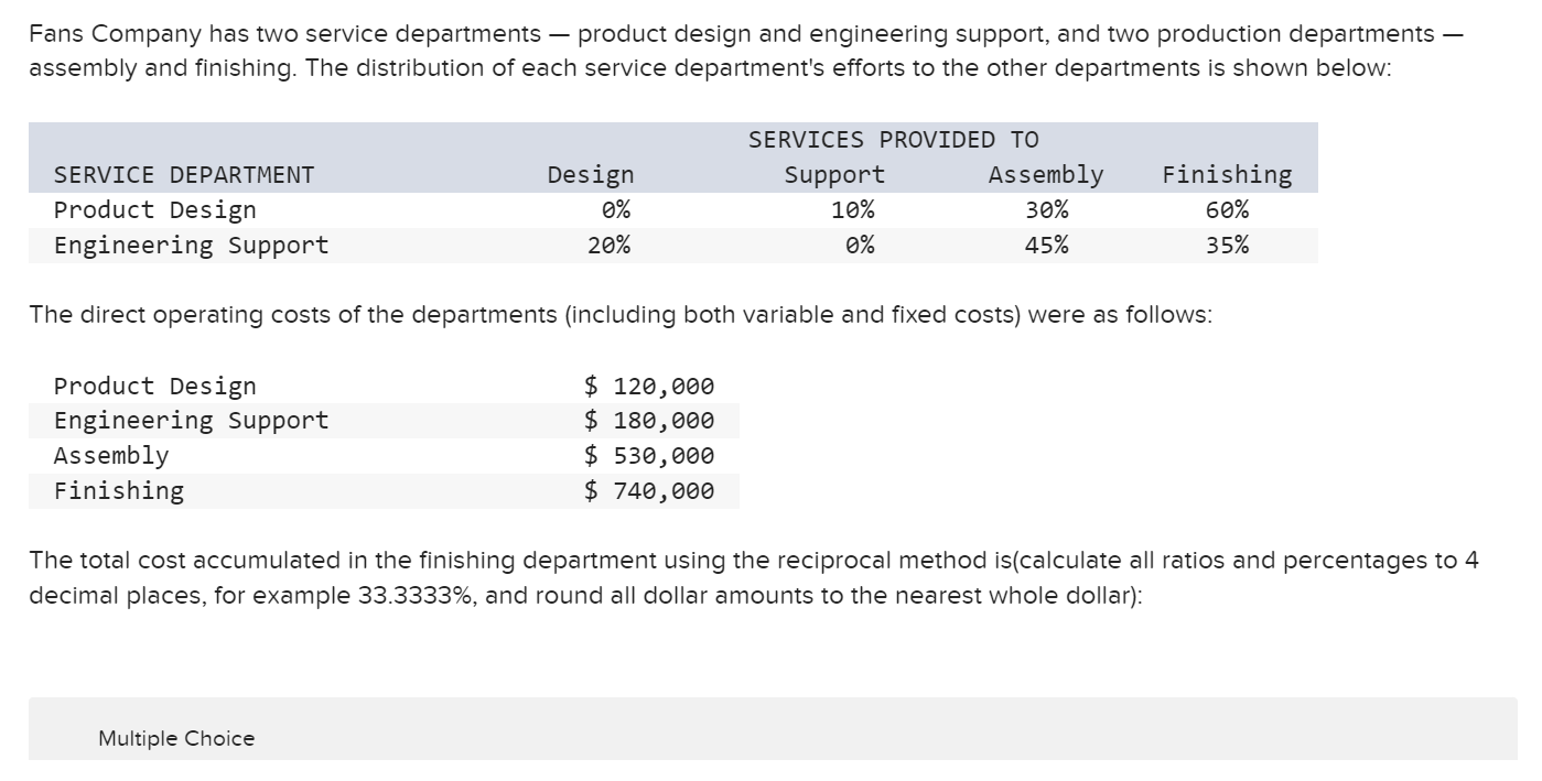 Solved Fans Company has two service departments product