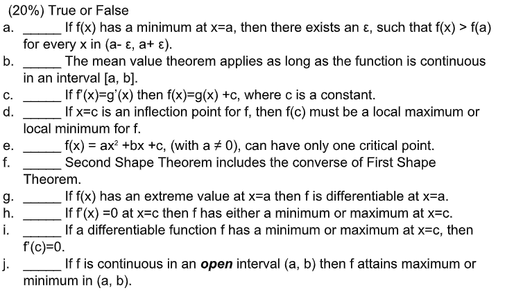 Solved C 20 True Or False A If F X Has A Minimum At Chegg Com