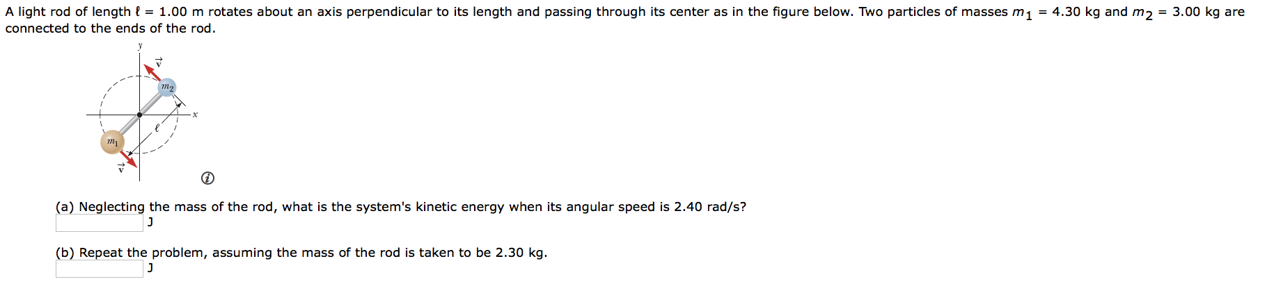 Solved A light rod of length l = 1.00 m rotates about an | Chegg.com