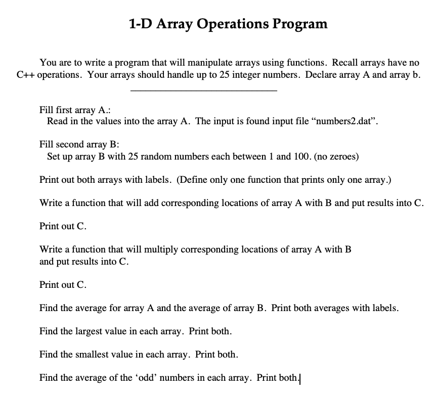 Solved 1-D Array Operations Program You are to write a | Chegg.com