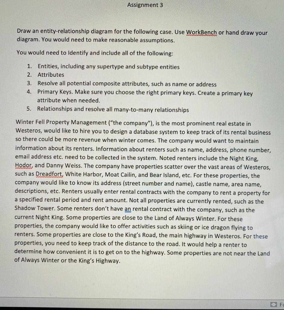 Solved Assignment 3 Draw An Entity-relationship Diagram For | Chegg.com