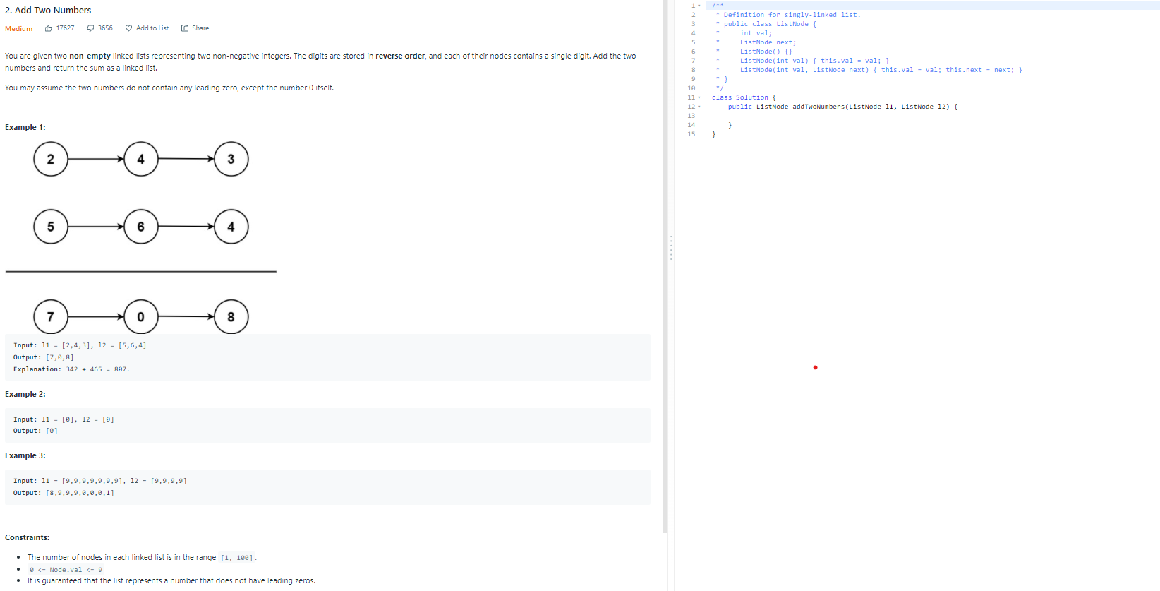 Solved 2. Add Two Numbers Medium 17627 3656 ♡ Add to List | Chegg.com