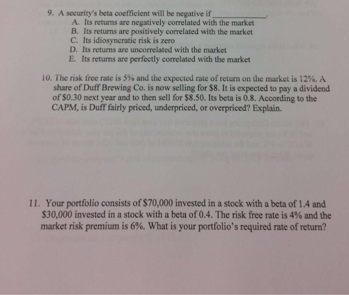 Solved A Security s Beta Coefficient Will Be Negative Chegg
