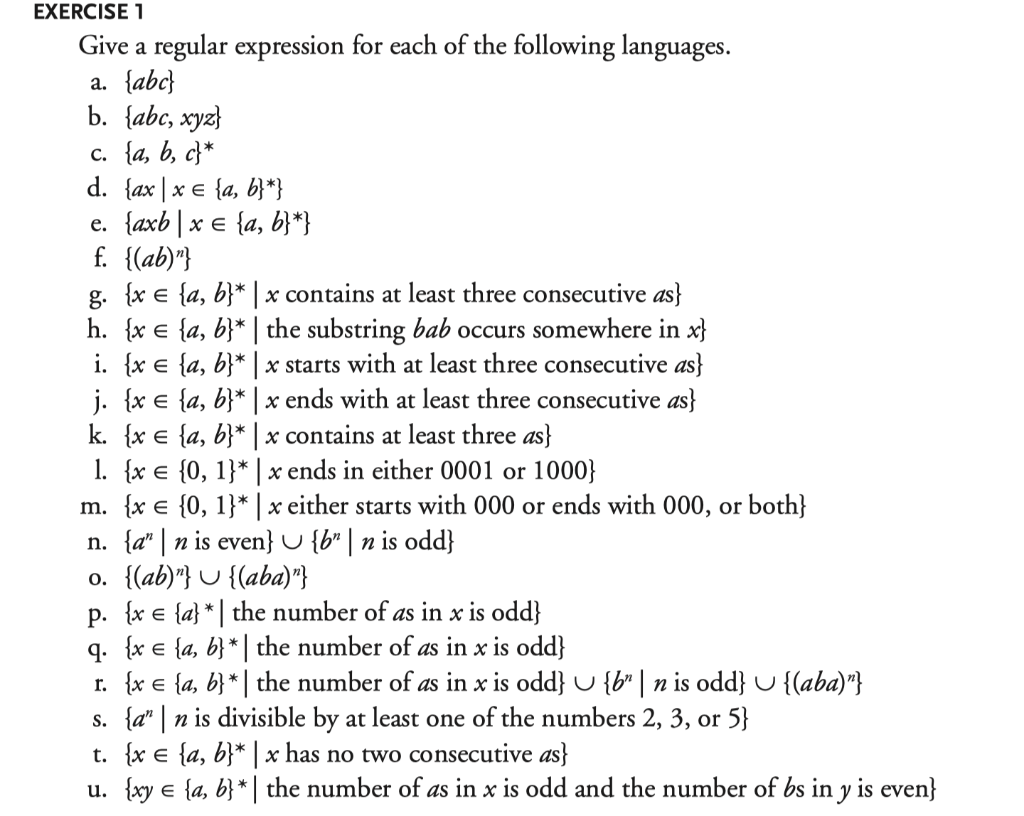 Solved EXERCISE 1 Give A Regular Expression For Each Of The | Chegg.com