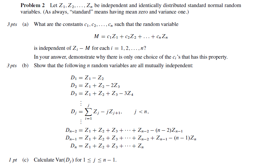 Solved Problem 2 Let Z1z2 Zn Be Independent And 7311