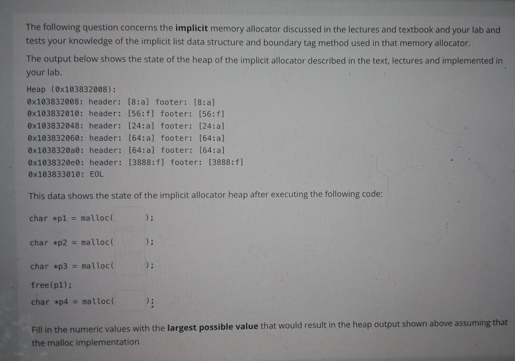 Solved The following question concerns the implicit memory | Chegg.com